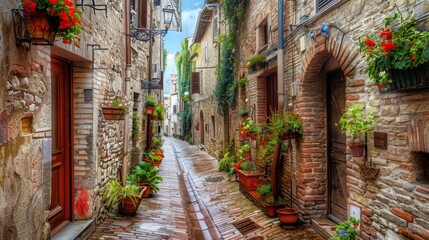 Fototapeta premium Charming, narrow street in Spello, an ancient town in Italy.