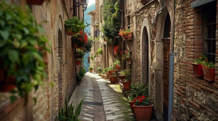 Fototapeta premium Charming, narrow street in Spello, an ancient town in Italy.