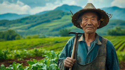Portrait of an elderly farmer standing in a lush mountain landscape, symbolizing agriculture and rural life. Perfect for nature, agriculture, and cultural themes.