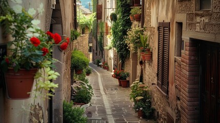 Fototapeta premium Charming, narrow street in Spello, an ancient town in Italy.