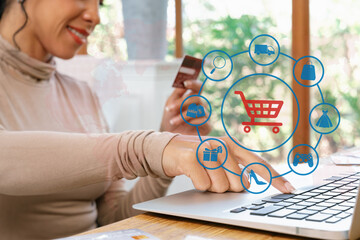 Customer open hologram graphic interface controlling device choosing online platform. Smart...