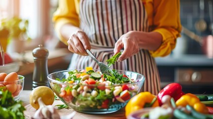 Image of a woman preparing a healthy salad in the kitchen, showcasing home cooking, healthy eating habits, wellness nutrition, weight loss recipes, and daily life routines.