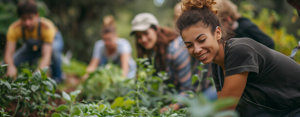  Diverse group working together in a community garden, representing growth and unity. Great for community program ads, environmental campaigns, and wellness promotions.