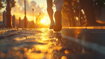 Runner's feet in motion during a sunset jog, perfect for fitness content, health blogs, and athletic promotions. Ideal for showcasing active lifestyles and outdoor exercise.