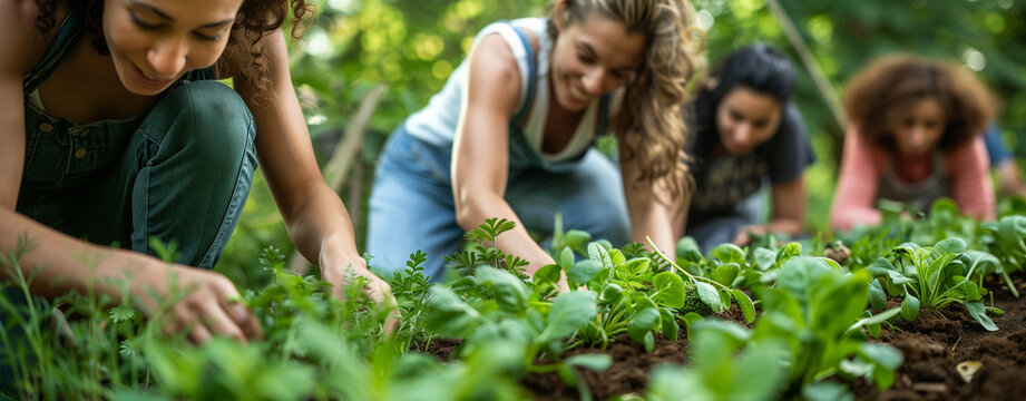  Diverse group working together in a community garden, representing growth and unity. Great for community program ads, environmental campaigns, and wellness promotions.