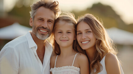 Happy family of three posing outdoors with smiles, showcasing a loving bond and warm sunlight. Perfect for family-oriented themes and lifestyle visuals.