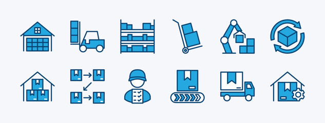 Set of logistics warehouse icon. Containing storehouse, stock, package storage, machine, process, cargo truck, courier, step and productivity, forklift, freight, lorry, moving. Vector illustration