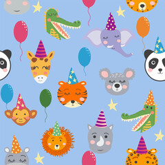 Seamless pattern with cute animal faces. Holiday illustration, birthday, balls, caps.