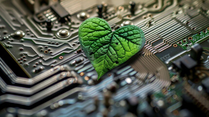 A computer circuit board with a heart-shaped green leaf symbolizes green computing, which focuses on reducing the environmental impact of IT systems.