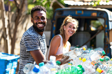 Two cheerful volunteers sorting plastic bottles for recycling, standing outside on a sunny day with a recycling bin nearby.
