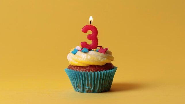 A cupcake with a candle shaped as a "3" sits on a yellow background.