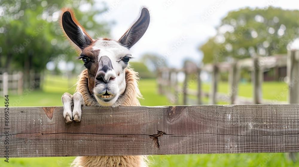 Wall mural Curious Llama Peeking Over a Wooden Fence