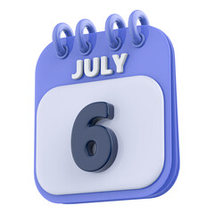 6th July Calendar Icon 3D Render