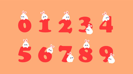 Set of Numbers with Cute Bunny. Pink Numbers 1 to 9 with White Rabbit