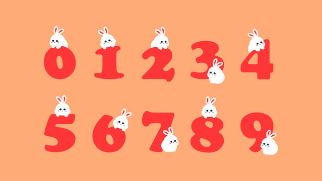 Set of Numbers with Cute Bunny. Pink Numbers 1 to 9 with White Rabbit