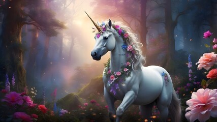 "In a magical forest filled with sparkling streams and lush greenery, a magnificent unicorn with a majestic horn roams freely. This stunning fantasy art captures the essence of purity, grace, and the 