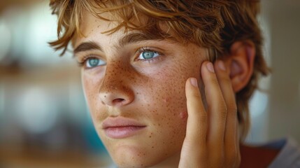 Fototapeta premium Teenager worry about acne and easily irritated skin conditions.