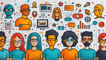 Interactive Ethics Workshop, diverse group of employees in a workshop setting with icons of training modules, ethical dilemmas,