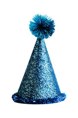 bright blue glitter party hat with pom-pom top isolated on transparent or white background, festive and fun cone-shaped celebration hat, cut out, clipping path, PNG
