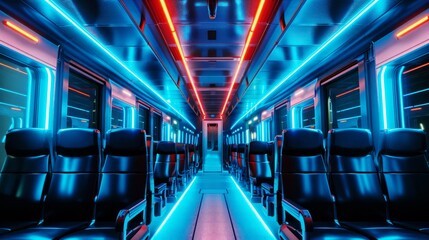 Fototapeta premium futuristic train seats illuminated with vibrant blue neon lights
