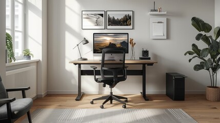 Modern home office with ergonomic adjustable standing desk, computer and comfortable chair. Concept of remote work, home office, workspace, productivity and ergonomics.