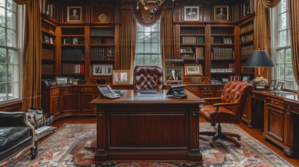 Naklejka premium Luxurious home office with dark wood furniture, built-in bookshelves and large windows. Concept of wealth, success, work from home, business