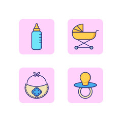 Baby accessories line icon set. Baby stroller, pacifier, bib and bottle. Care of newborn concept. Vector illustration for web design and apps