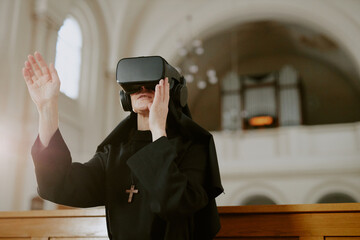 Mature Caucasian Catholic nun wearing VR headset experiencing new technologies, horizontal medium...