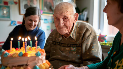 Birthday celebration for a 99-year-old with a cake, candles, and presents.