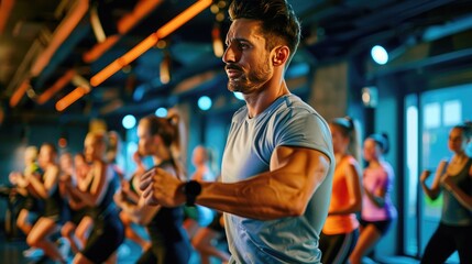 Fitness instructor leading a class in a European gym