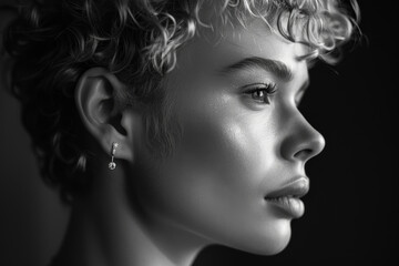 Black and white photo of a young woman, she is shown in side profile against a dark background with high contrast lighting, close-up photo