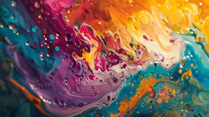 Swirls of color and playful splashes of liquid joy blend seamlessly on a textured canvas, forming a vibrant tapestry that ignites the imagination.