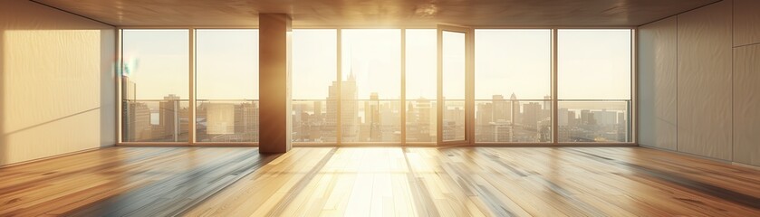 Sunlight streams through large windows in a modern room with wood floors.