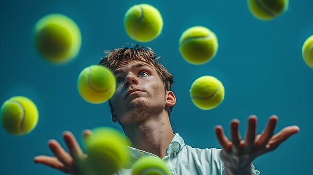 A man juggles a lot of tennis balls