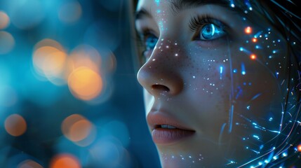 A closeup of an AI robot's face, with futuristic elements and glowing lights in the background. The scene is set against a blue gradient backdrop