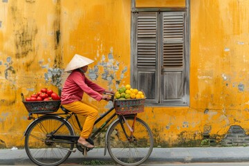 Vietnamese Woman Riding a Bicycle Past a Yellow Wall