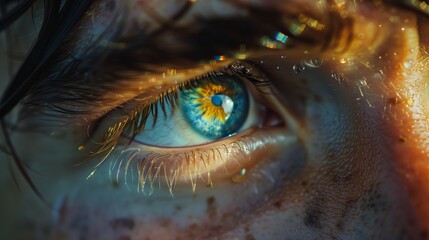 Close up of a male eye, showing a tear and the reflection in his blue eyes is of the girl he loves but she lives far away