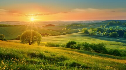 Tranquil Countryside Landscape at Golden Sunset