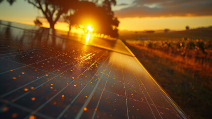 Solar panels in a field at sunset with trees in the background.