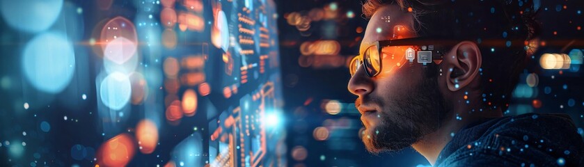 Person analyzing futuristic data interface with bokeh lights, representing technology, innovation, and information analysis in a digital world.
