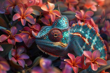 Obraz premium Colorful chameleon blending with vibrant flowers in natural habitat, showcasing stunning foliage and adaptive camouflage.