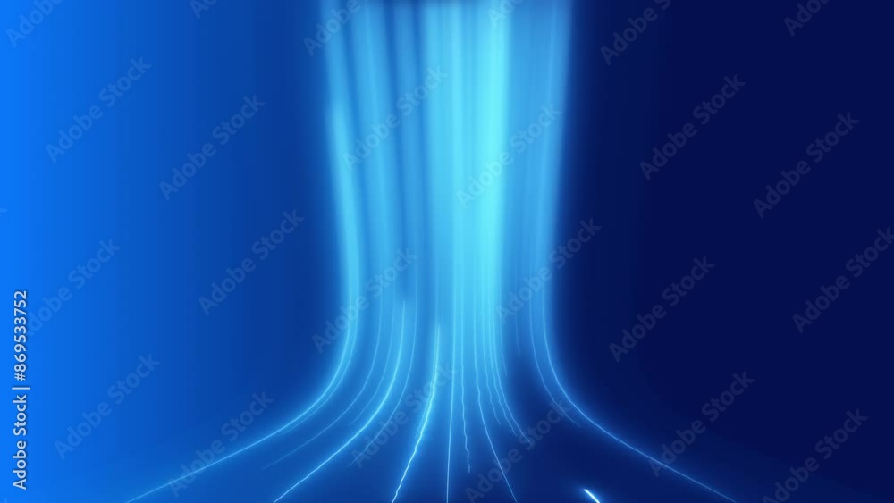 Poster Blue, lights and abstract background with lines transition for motion graphics, wallpaper and stripes. Neon, glow and texture with geometric pattern for backdrop, animation and data transfer flow