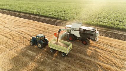 Obraz premium A combine harvester unloads its hopper into a tractor trailer aerial drone shot. Harvesting wheat from the fields. Herbicides and pesticides for high yields