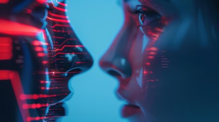 A promotional banner for a futuristic relationship counseling service featuring holographic communication and personalized AI advice, high tech, with copy space along the bottom