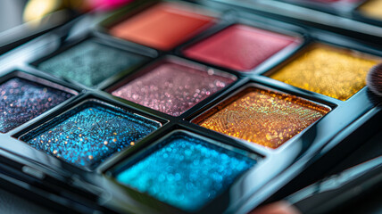 Naklejka premium Close-up of a vibrant eyeshadow palette with various glitter shades.
