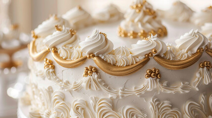 Celebrate 50 years with a stunning white and gold cake, adorned with intricate details and a smooth, creamy finish.