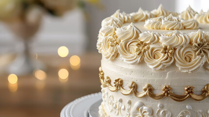 Celebrate 50 years with a stunning white and gold cake, adorned with intricate details and a smooth, creamy finish.