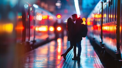 Fototapeta premium Romantic Embrace Under the Lights of a Bustling Train Station