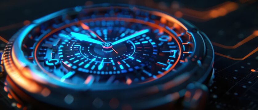 A timepiece projects a holographic timeline of personal memories and future goals, merging the past, present, and future into one device, with copy space