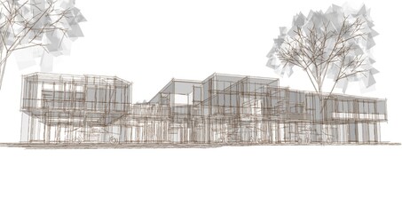 Townhouse architectural sketch 3d illustration